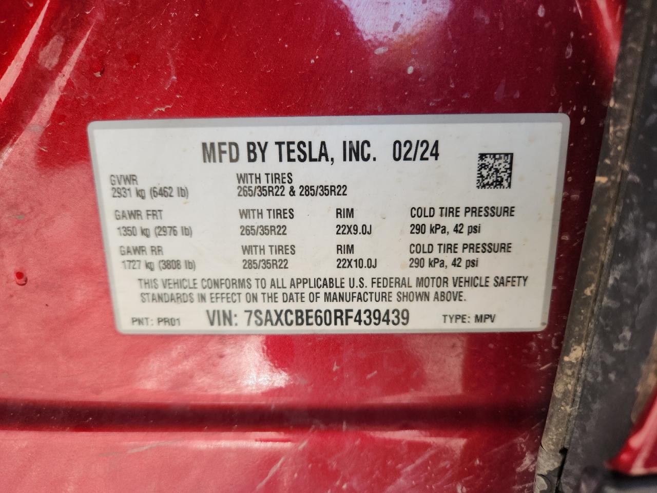 2024 Tesla Model X VIN: 7SAXCBE60RF439439 Lot: 86674685