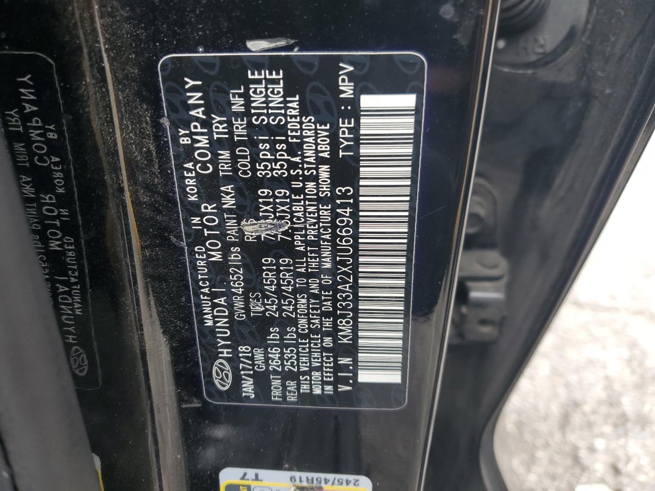 2018 Hyundai Tucson Value VIN: KM8J33A2XJU669413 Lot: 85201995