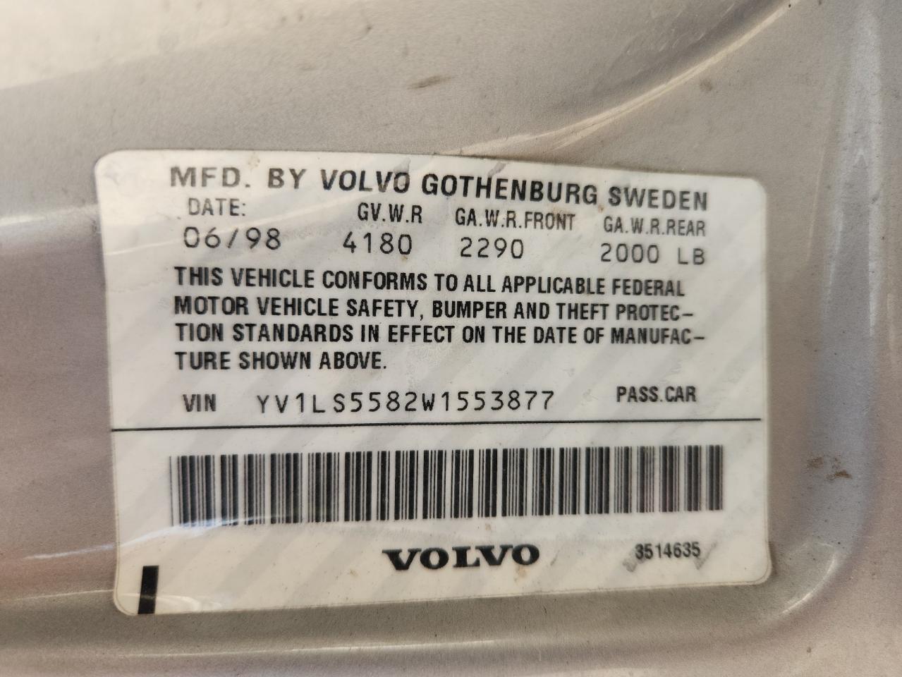 1998 Volvo S70 VIN: YV1LS5582W1553877 Lot: 84753845