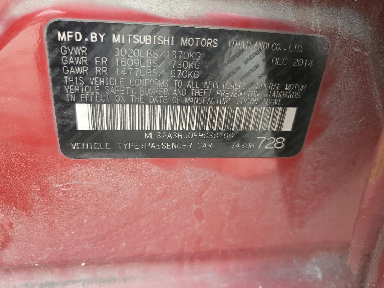 2015 Mitsubishi Mirage De VIN: ML32A3HJ0FH038166 Lot: 82321465