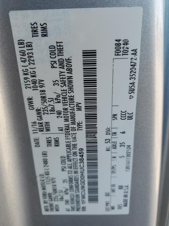 2017 Ford Escape Se VIN: 1FMCU9GD0HUC38459 Lot: 86520175