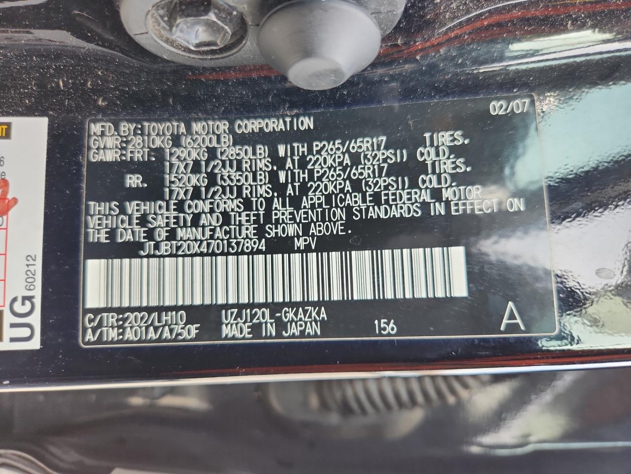 2007 Lexus Gx 470 VIN: JTJBT20X470137894 Lot: 90741835