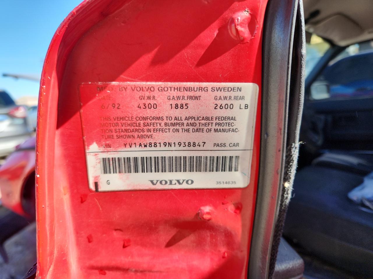 1992 Volvo 240 VIN: YV1AW8819N1938847 Lot: 85961805