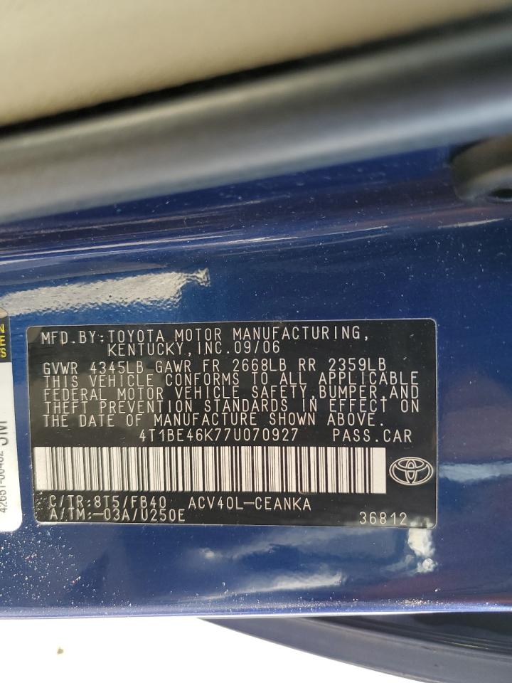 2007 Toyota Camry Ce VIN: 4T1BE46K77U070927 Lot: 85010055