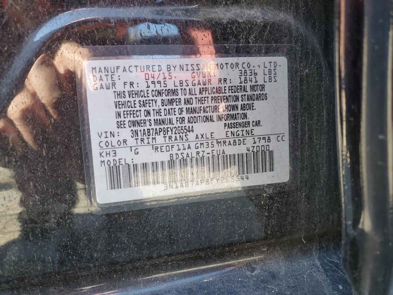 2015 Nissan Sentra S VIN: 3N1AB7AP8FY265544 Lot: 89467335