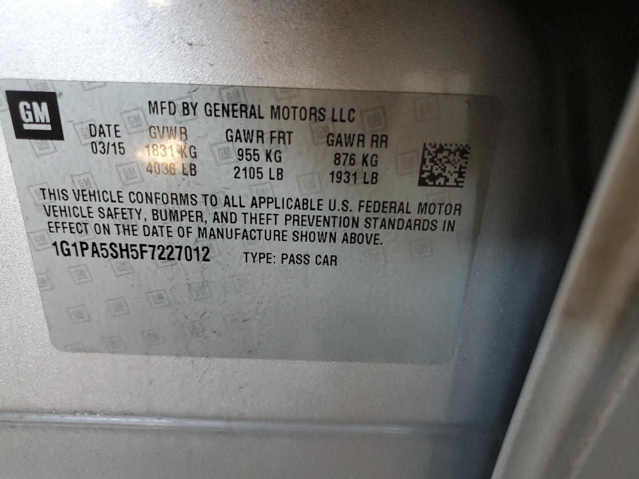 2015 Chevrolet Cruze Ls VIN: 1G1PA5SH5F7227012 Lot: 85187775