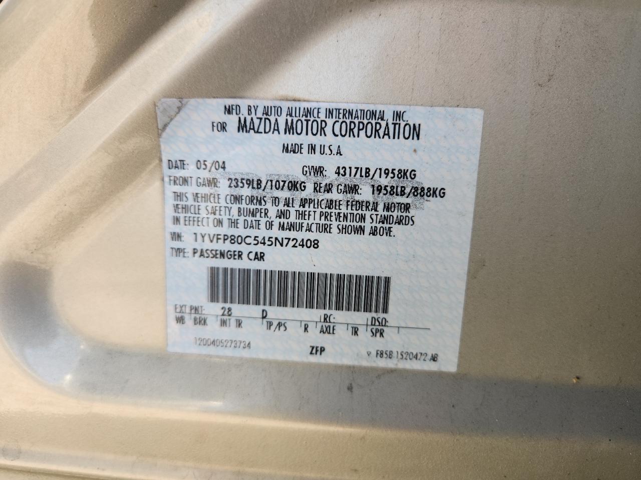 2004 Mazda 6 I VIN: 1YVFP80C545N72408 Lot: 82659855