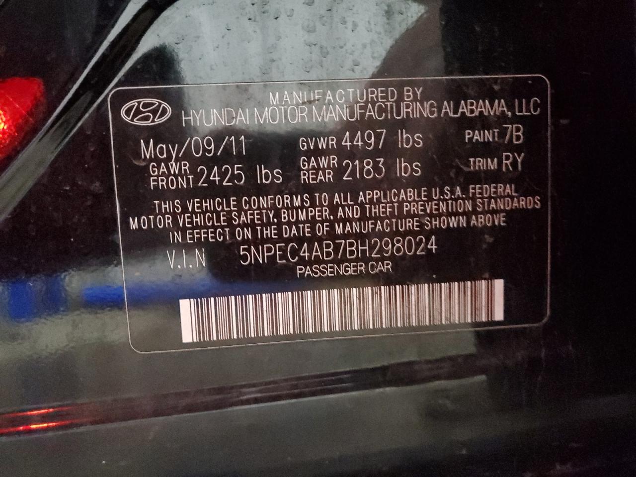 2011 Hyundai Sonata Se VIN: 5NPEC4AB7BH298024 Lot: 87049955