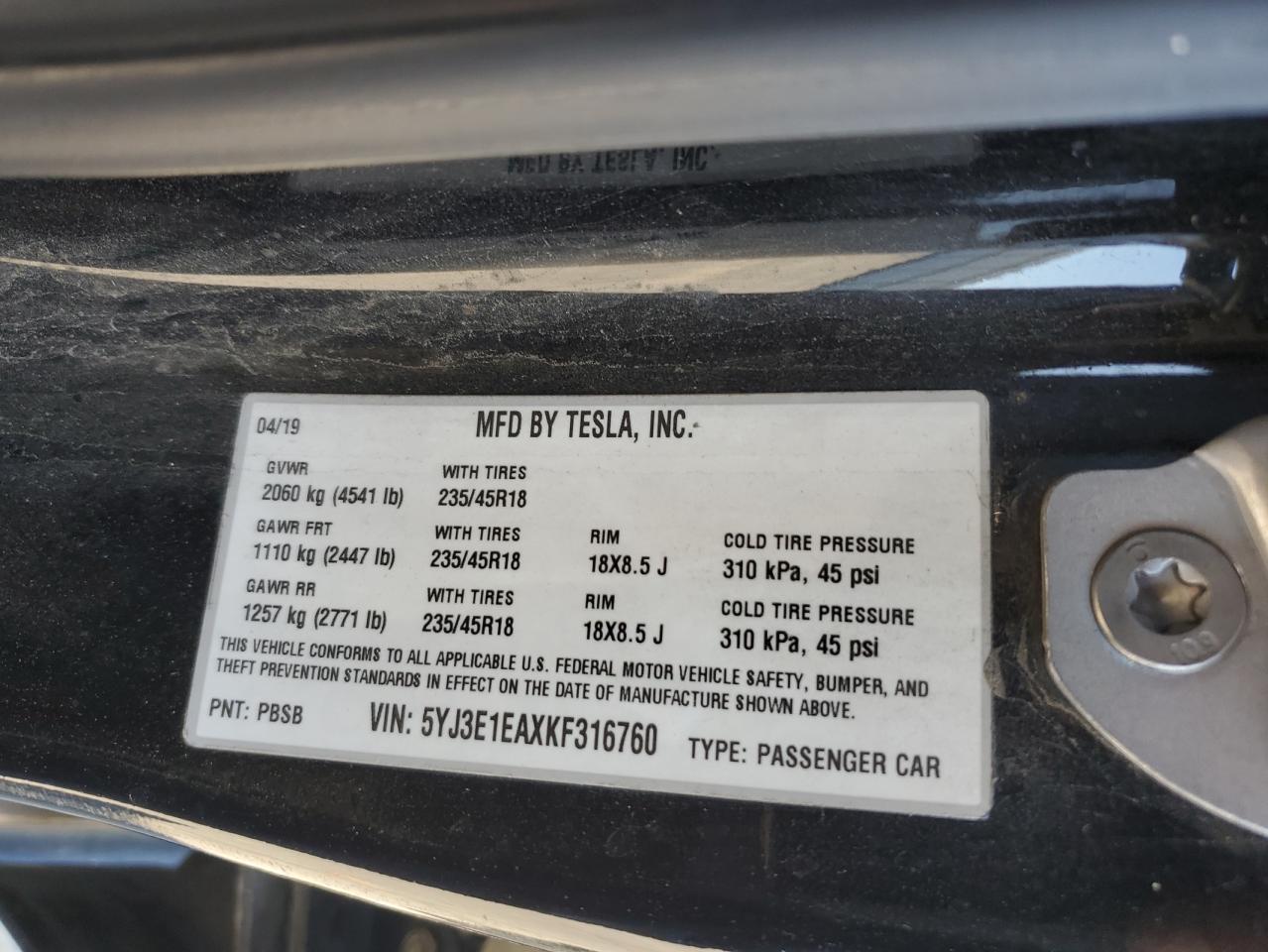 2019 Tesla Model 3 VIN: 5YJ3E1EAXKF316760 Lot: 82506315