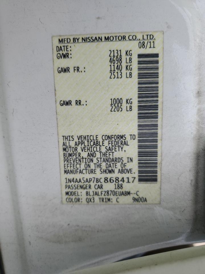 2011 Nissan Maxima S VIN: 1N4AA5AP7BC868417 Lot: 84760515