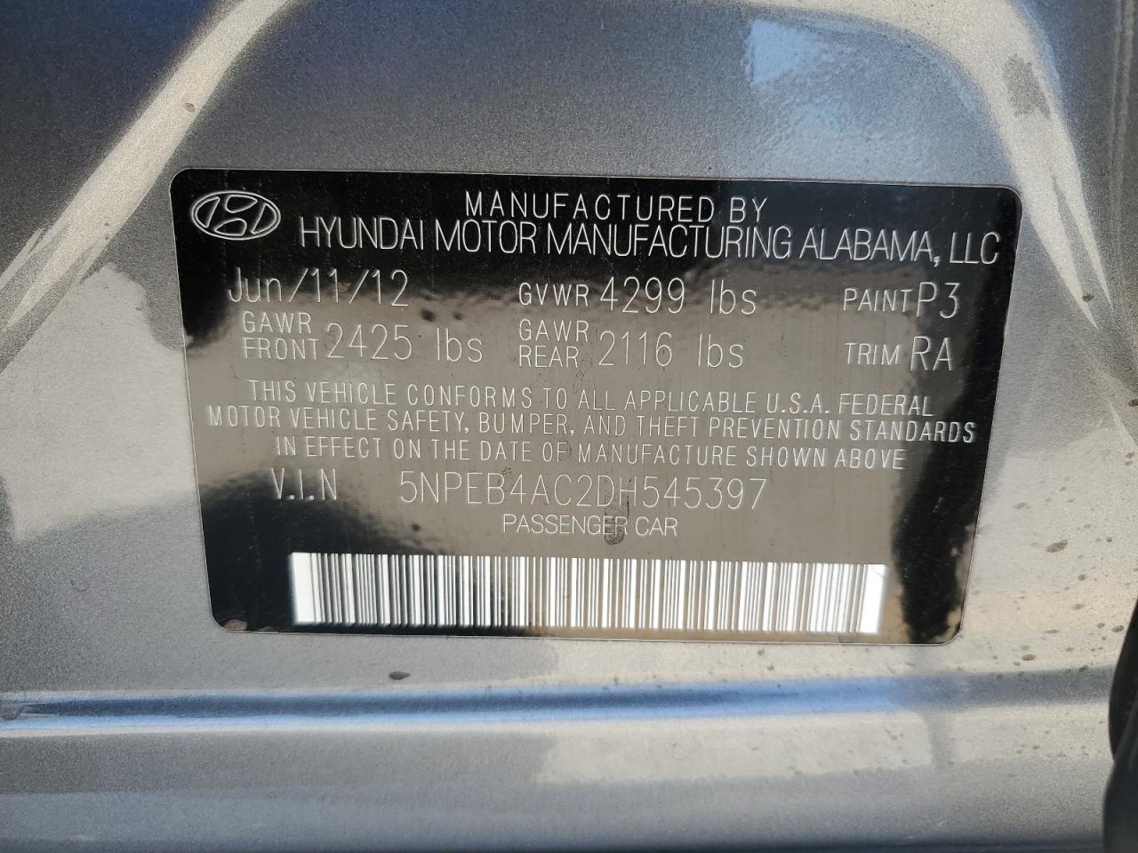 2013 Hyundai Sonata Gls VIN: 5NPEB4AC2DH545397 Lot: 85881245