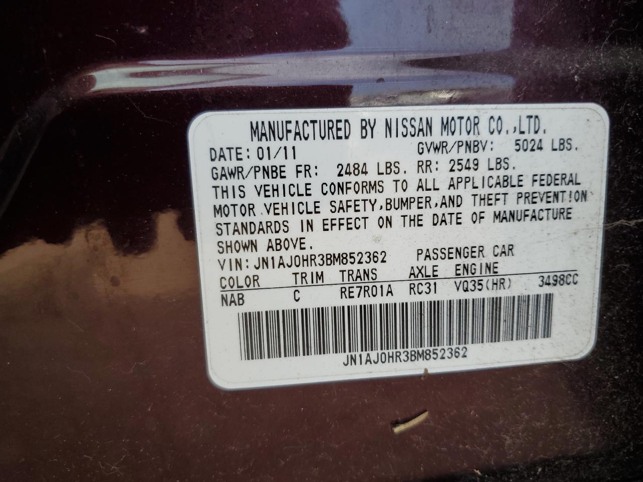 2012 Infiniti Ex35 Base VIN: JN1AJ0HR3BM852362 Lot: 84606595