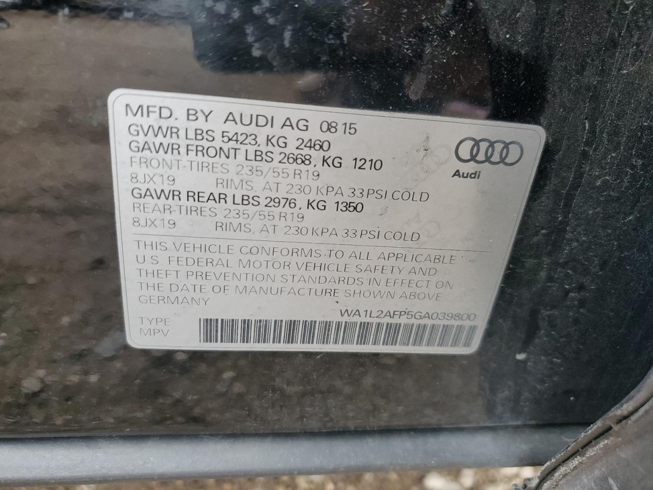 2016 Audi Q5 Premium Plus VIN: WA1L2AFP5GA039800 Lot: 89658155