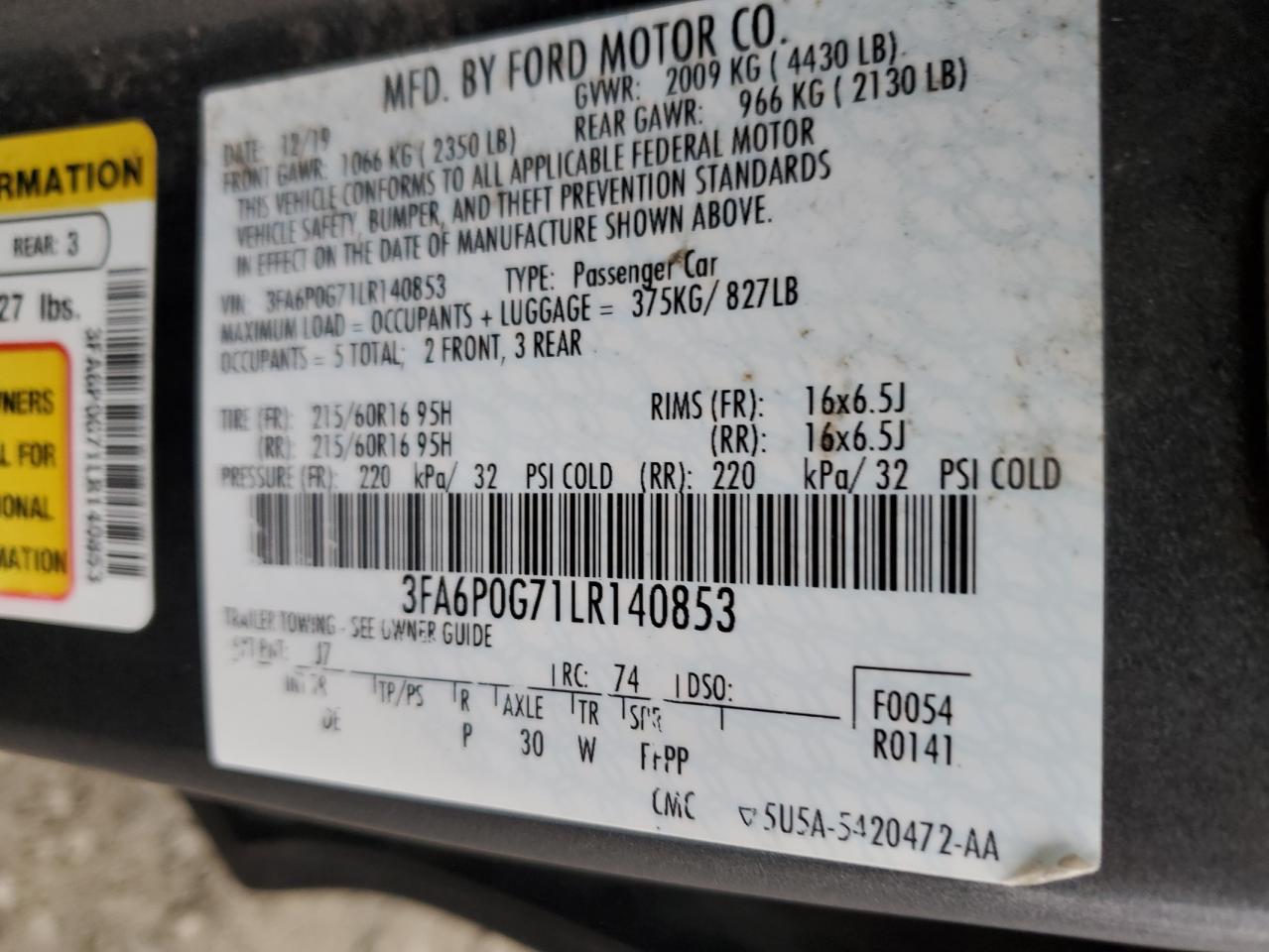 2020 Ford Fusion S VIN: 3FA6P0G71LR140853 Lot: 82438675