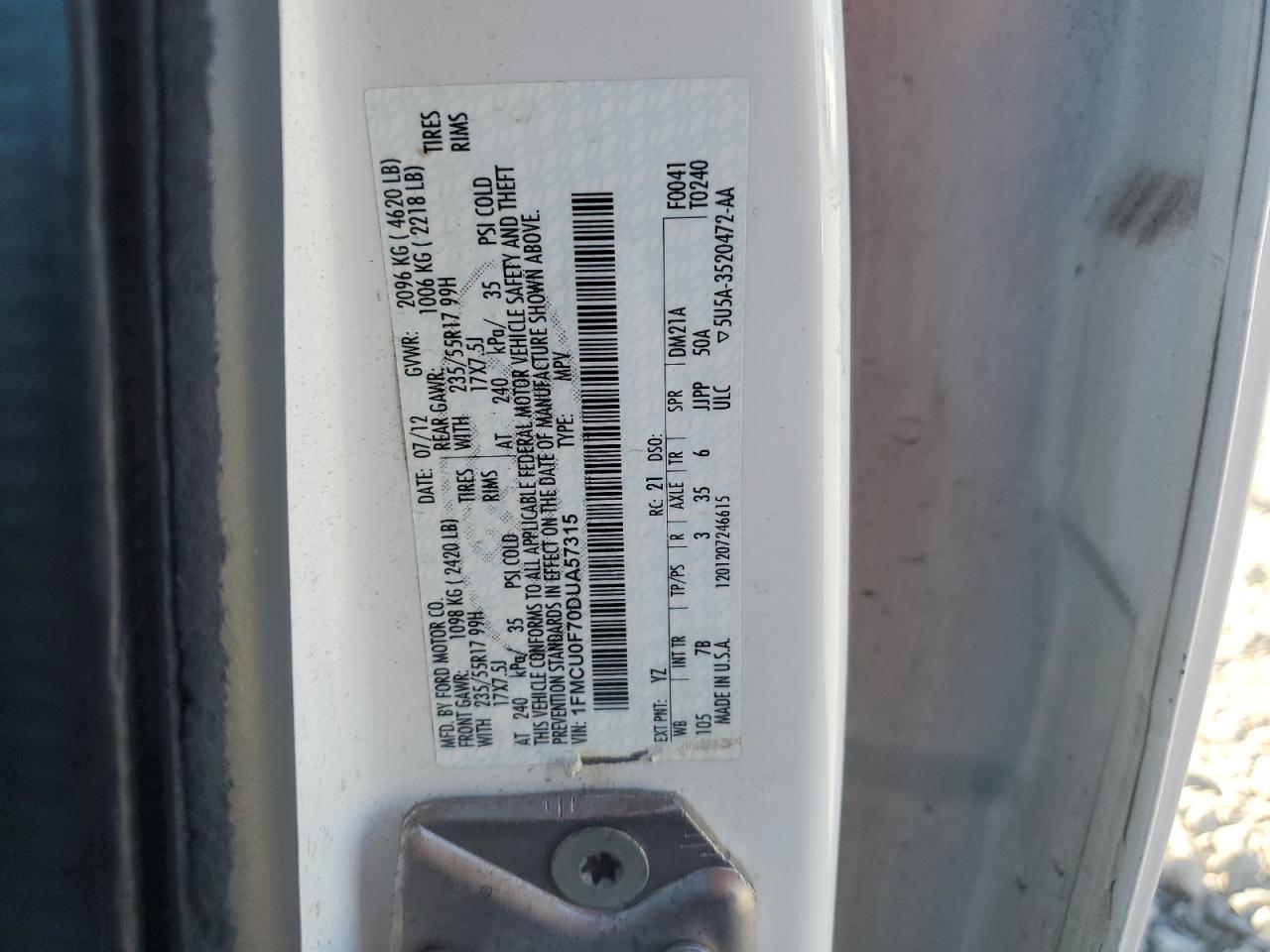 2013 Ford Escape S VIN: 1FMCU0F70DUA57315 Lot: 89639575