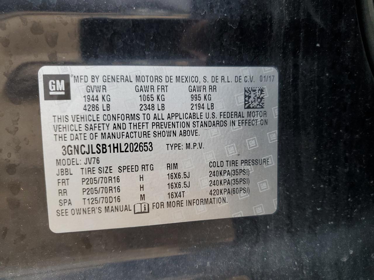 2017 Chevrolet Trax 1Lt VIN: 3GNCJLSB1HL202653 Lot: 82480775