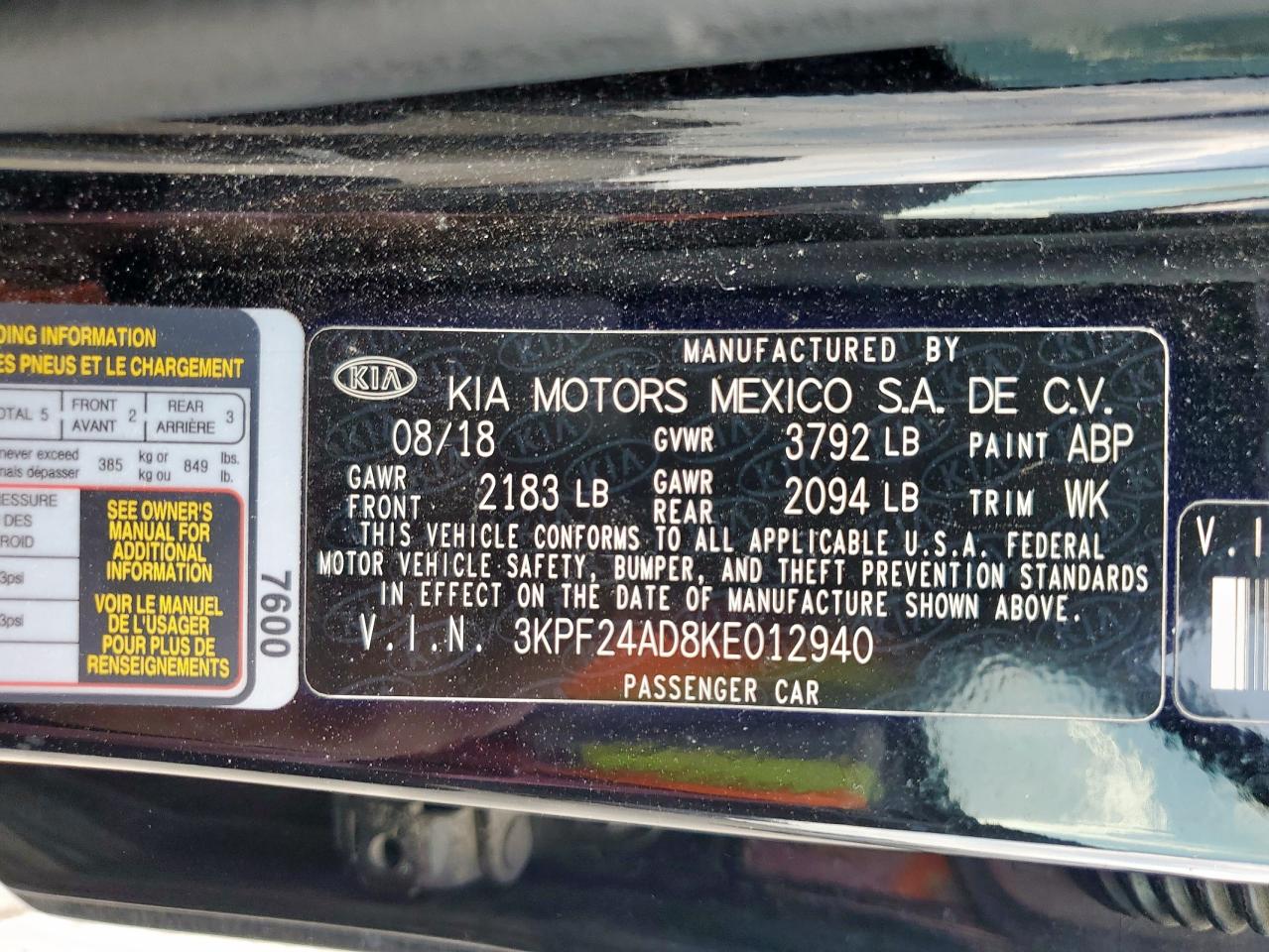 2019 Kia Forte Fe VIN: 3KPF24AD8KE012940 Lot: 84569995