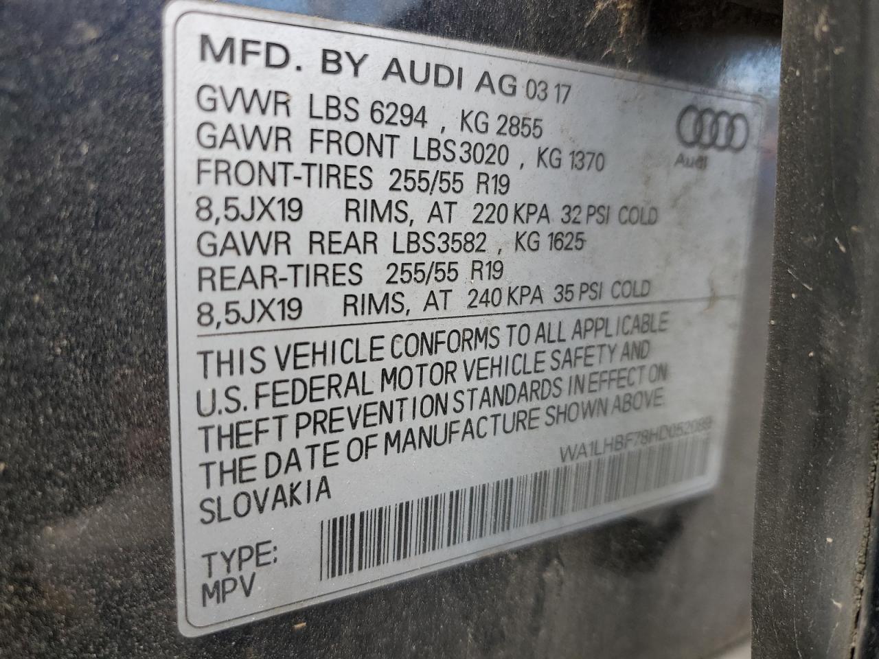 2017 Audi Q7 Premium Plus VIN: WA1LHBF78HD052089 Lot: 86517615