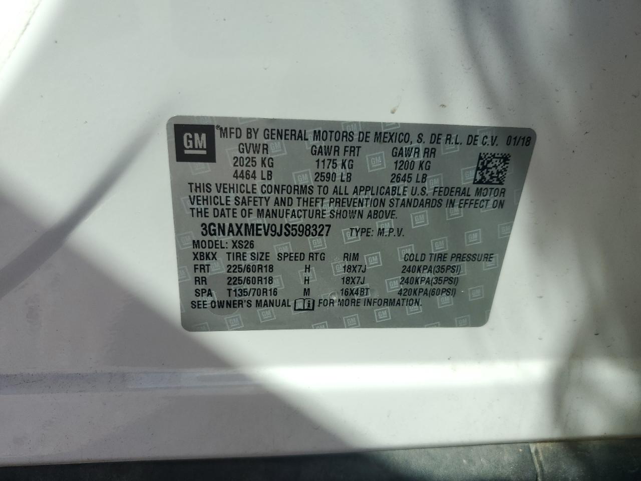 2018 Chevrolet Equinox Premier VIN: 3GNAXMEV9JS598327 Lot: 84965535