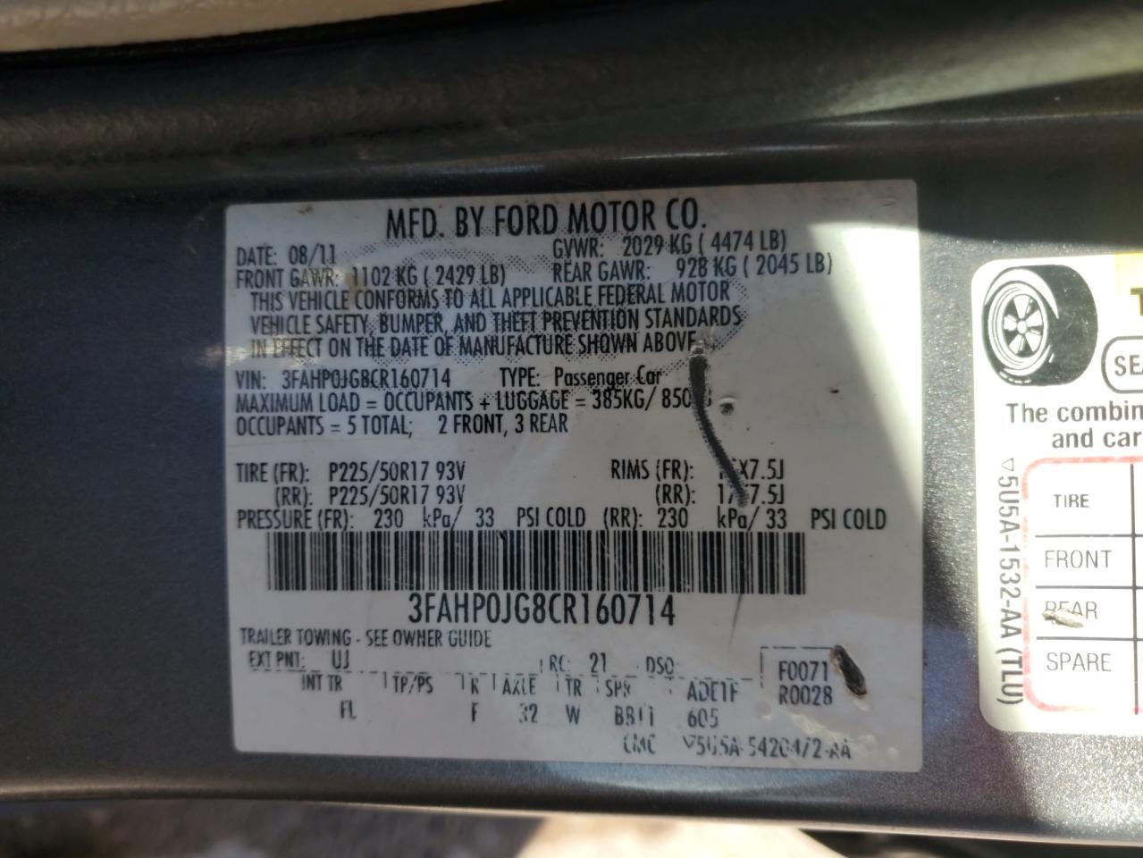 2012 Ford Fusion Sel VIN: 3FAHP0JG8CR160714 Lot: 85504545