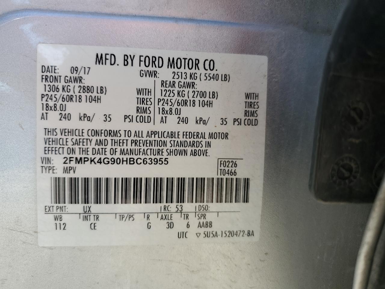 2017 Ford Edge Se VIN: 2FMPK4G90HBC63955 Lot: 87229165