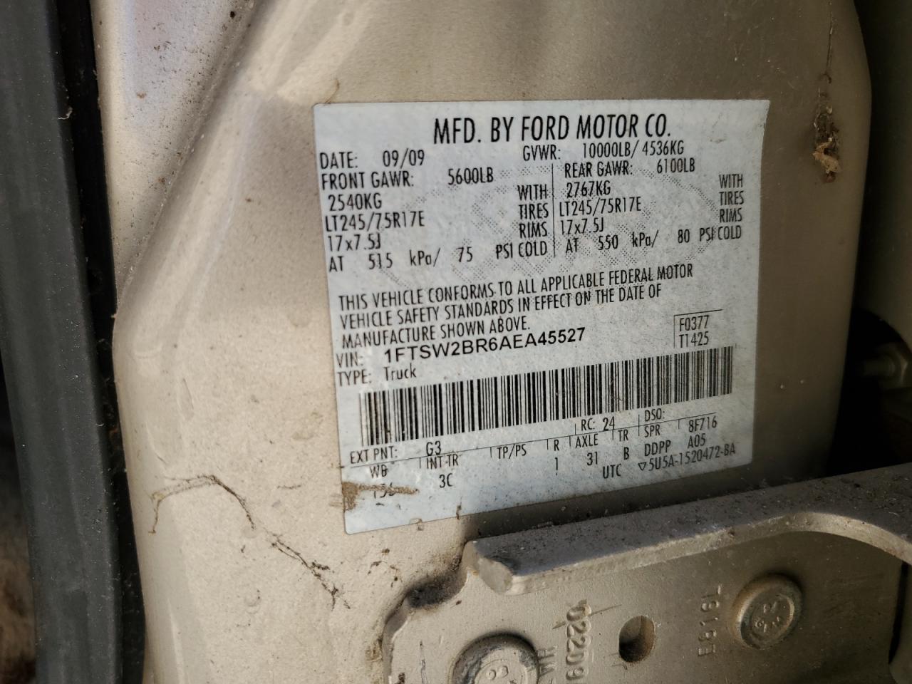 2010 Ford F250 Super Duty VIN: 1FTSW2BR6AEA45527 Lot: 86252335