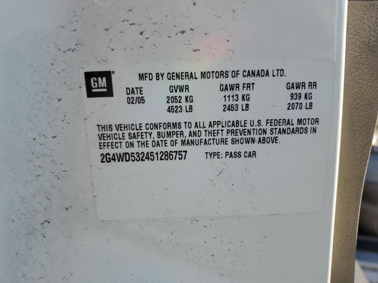 2005 Buick Lacrosse Cxl VIN: 2G4WD532451286757 Lot: 86340175