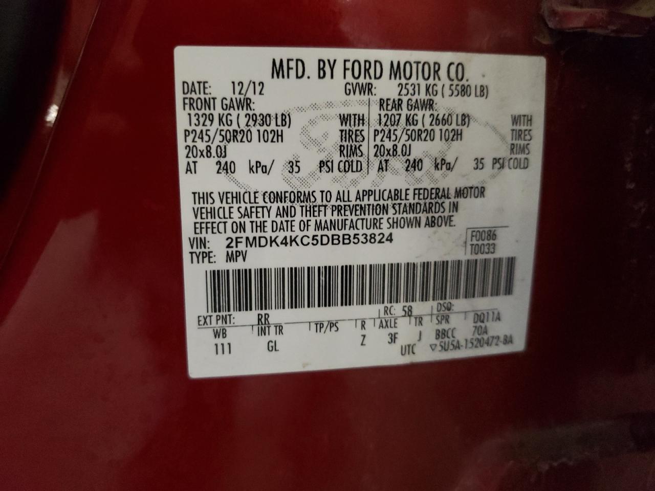 2013 Ford Edge Limited VIN: 2FMDK4KC5DBB53824 Lot: 84739885