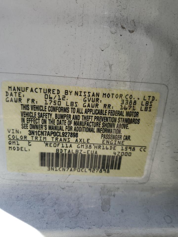 2012 Nissan Versa S VIN: 3N1CN7AP0CL927898 Lot: 85871515