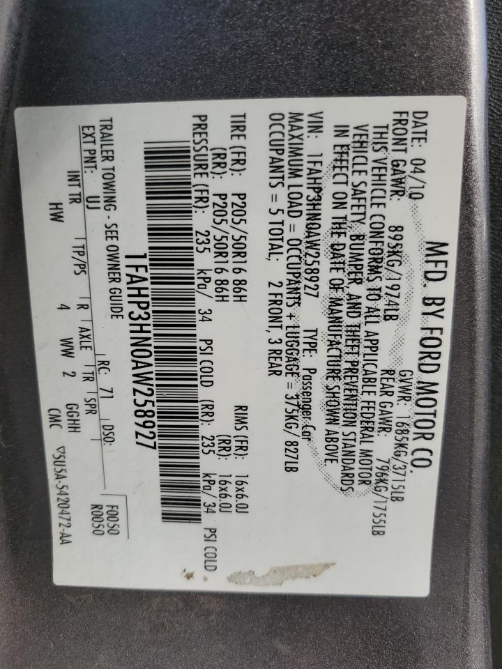 2010 Ford Focus Sel VIN: 1FAHP3HN0AW258927 Lot: 86155075