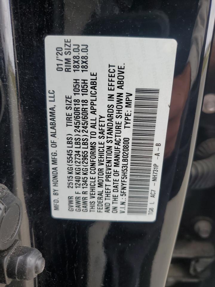 2020 Honda Pilot Exl VIN: 5FNYF5H53LB020800 Lot: 85109165