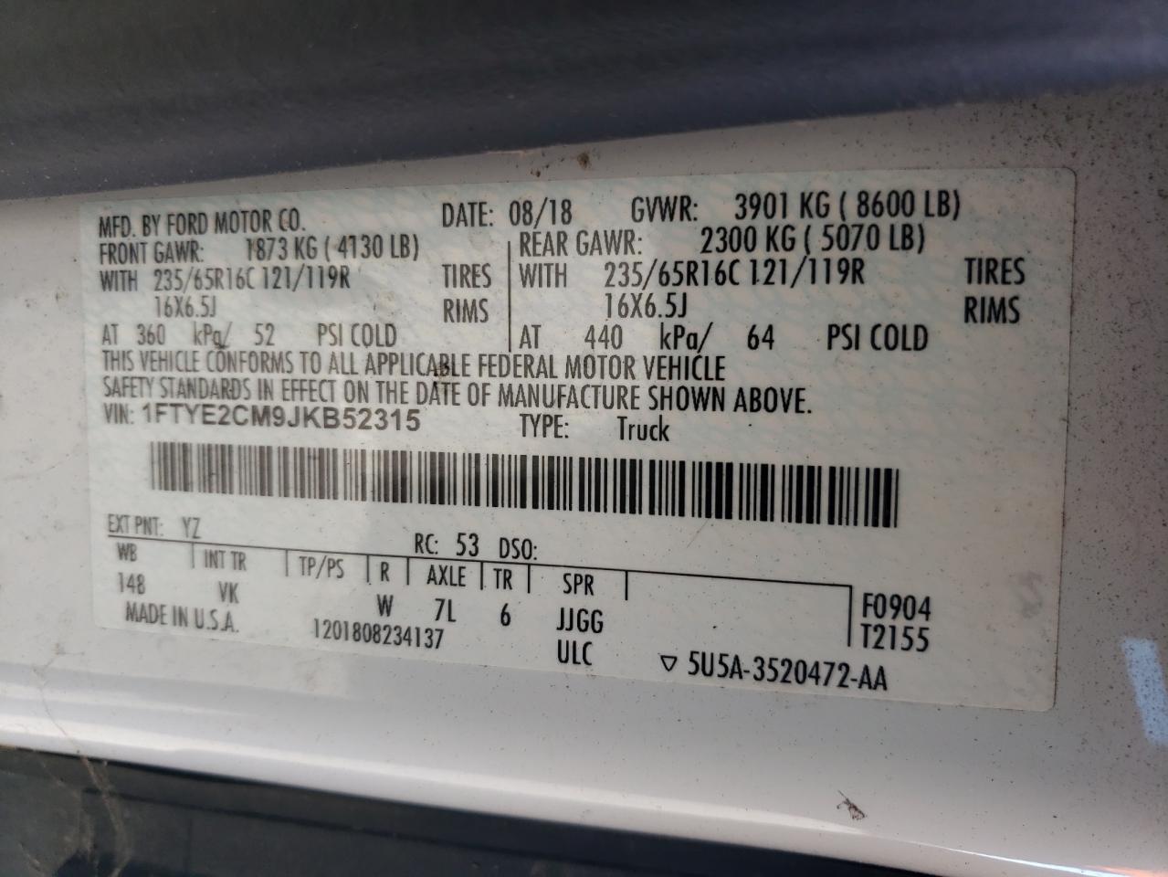 2018 Ford Transit Delivery Van VIN: 1FTYE2CM9JKB52315 Lot: 89894515