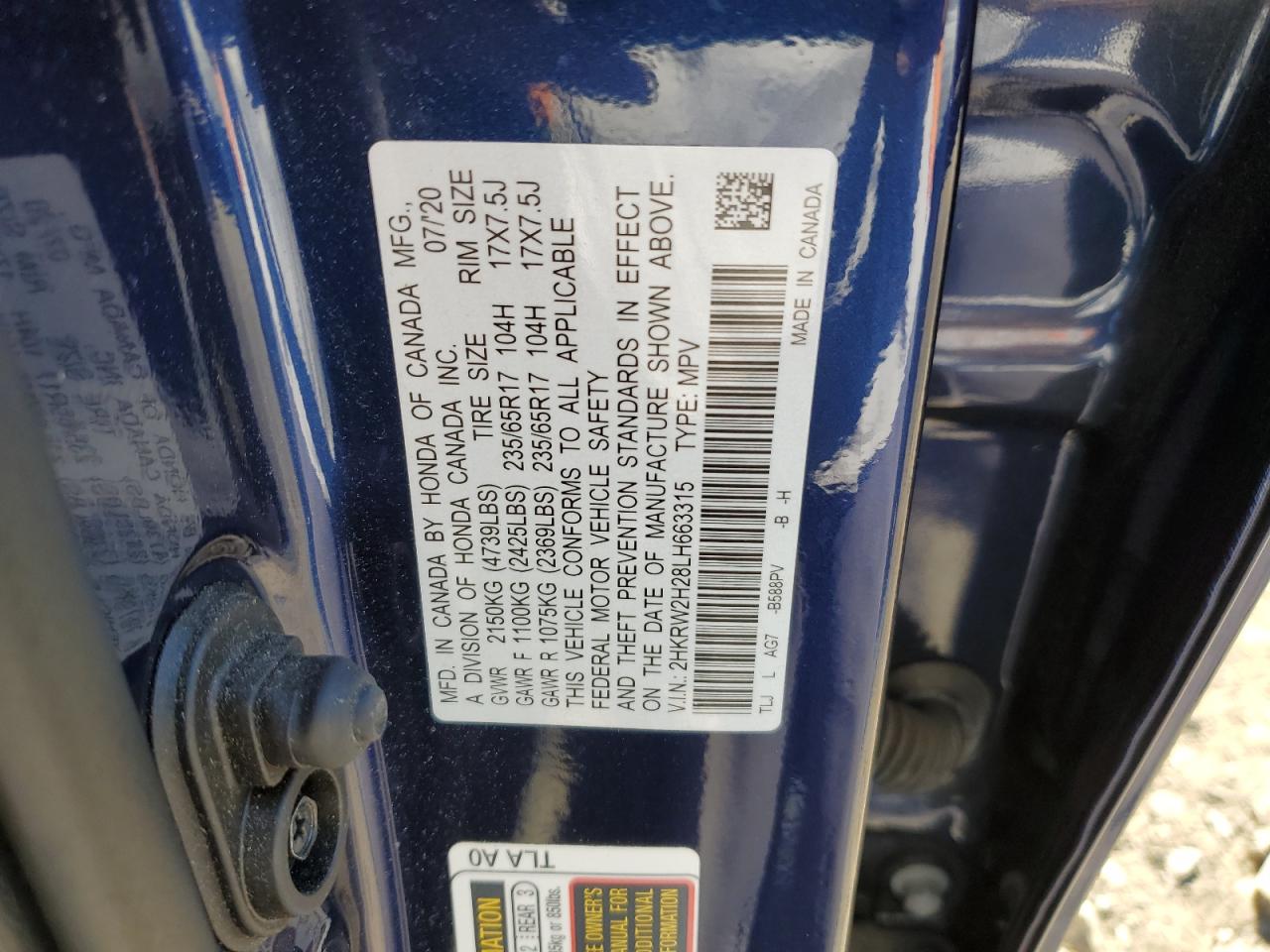 2020 Honda Cr-V Lx VIN: 2HKRW2H28LH663315 Lot: 84563805