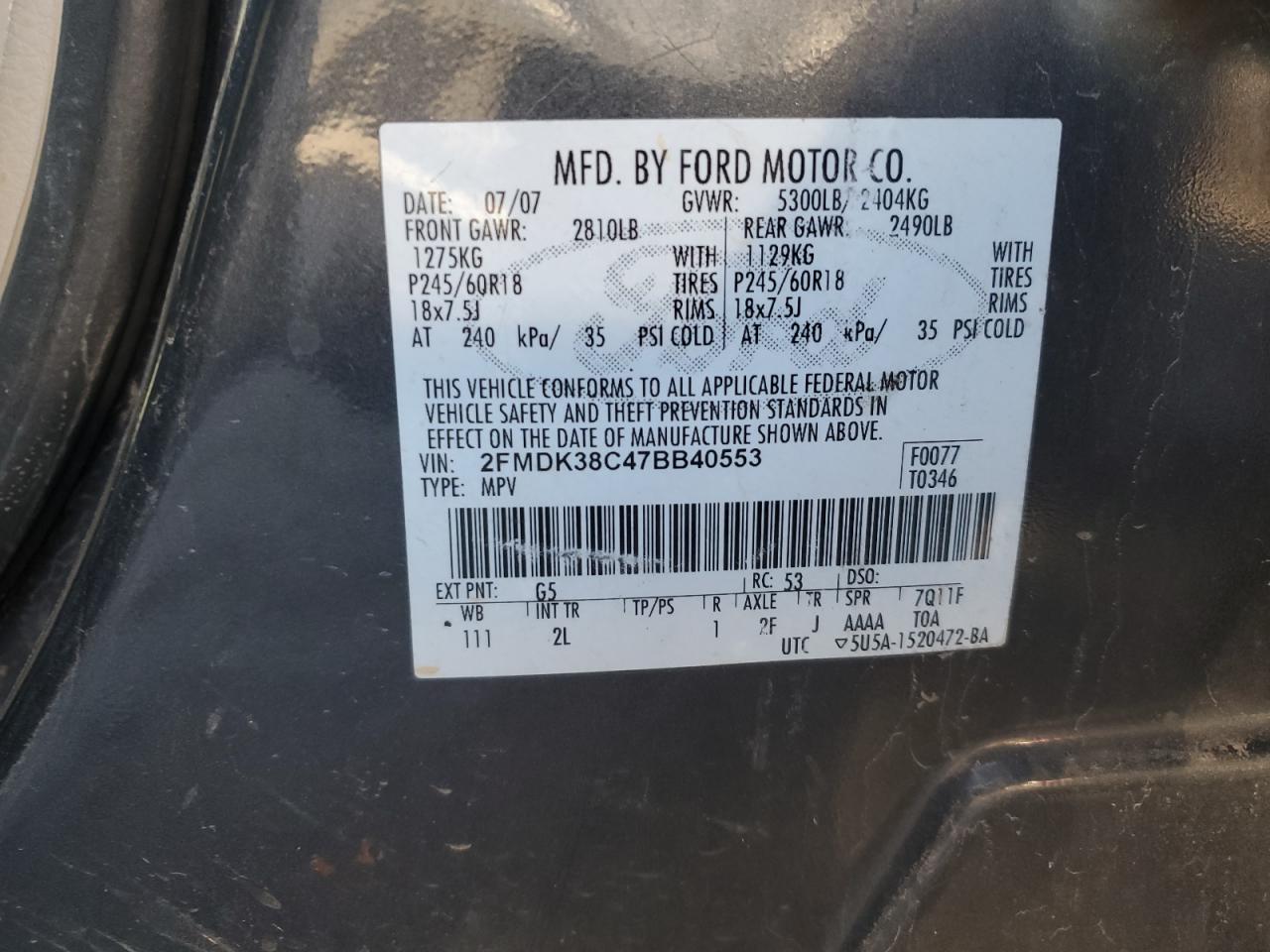 2007 Ford Edge VIN: 2FMDK38C47BB40553 Lot: 82262695