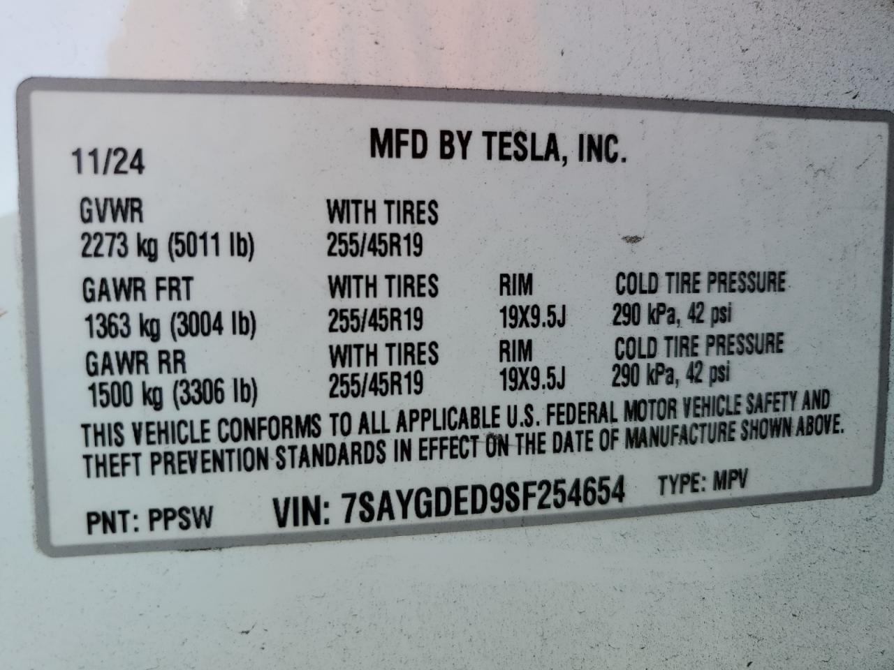 2025 Tesla Model Y VIN: 7SAYGDED9SF254654 Lot: 85929465