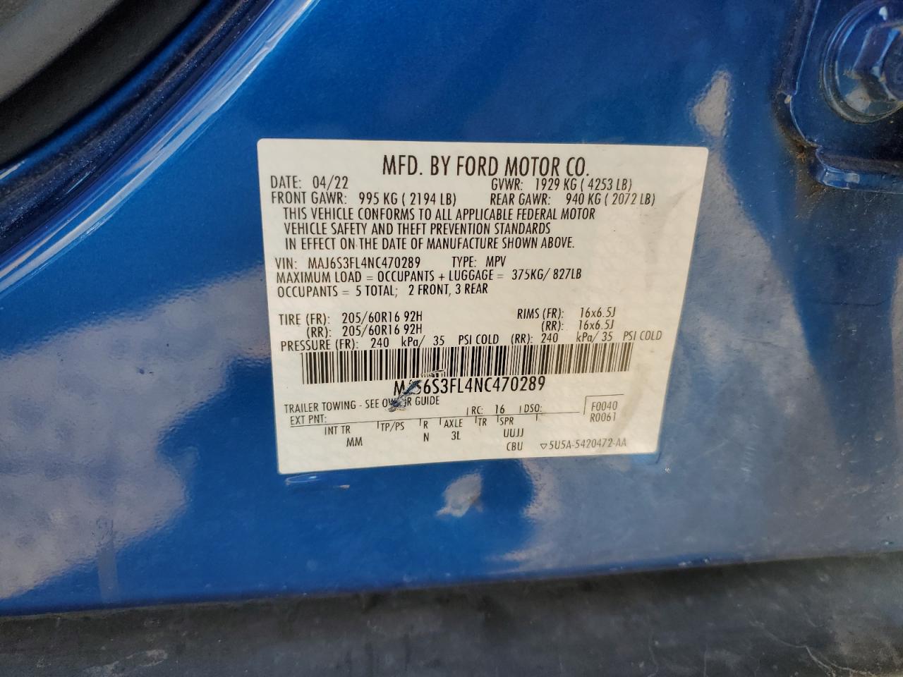 2022 Ford Ecosport S VIN: MAJ6S3FL4NC470289 Lot: 87484985