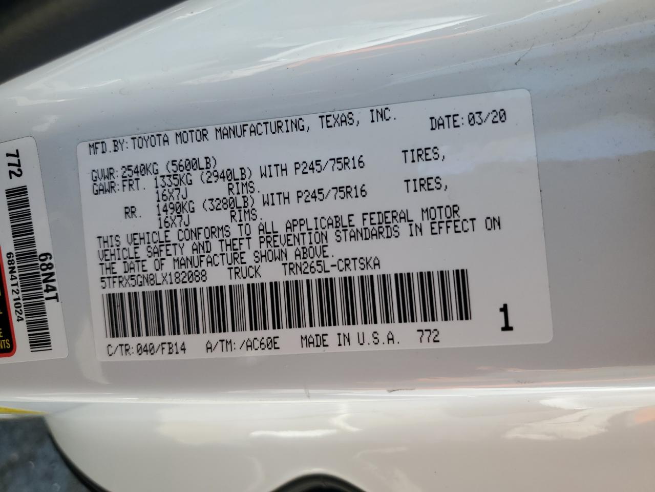 2020 Toyota Tacoma Access Cab VIN: 5TFRX5GN8LX182088 Lot: 84807835