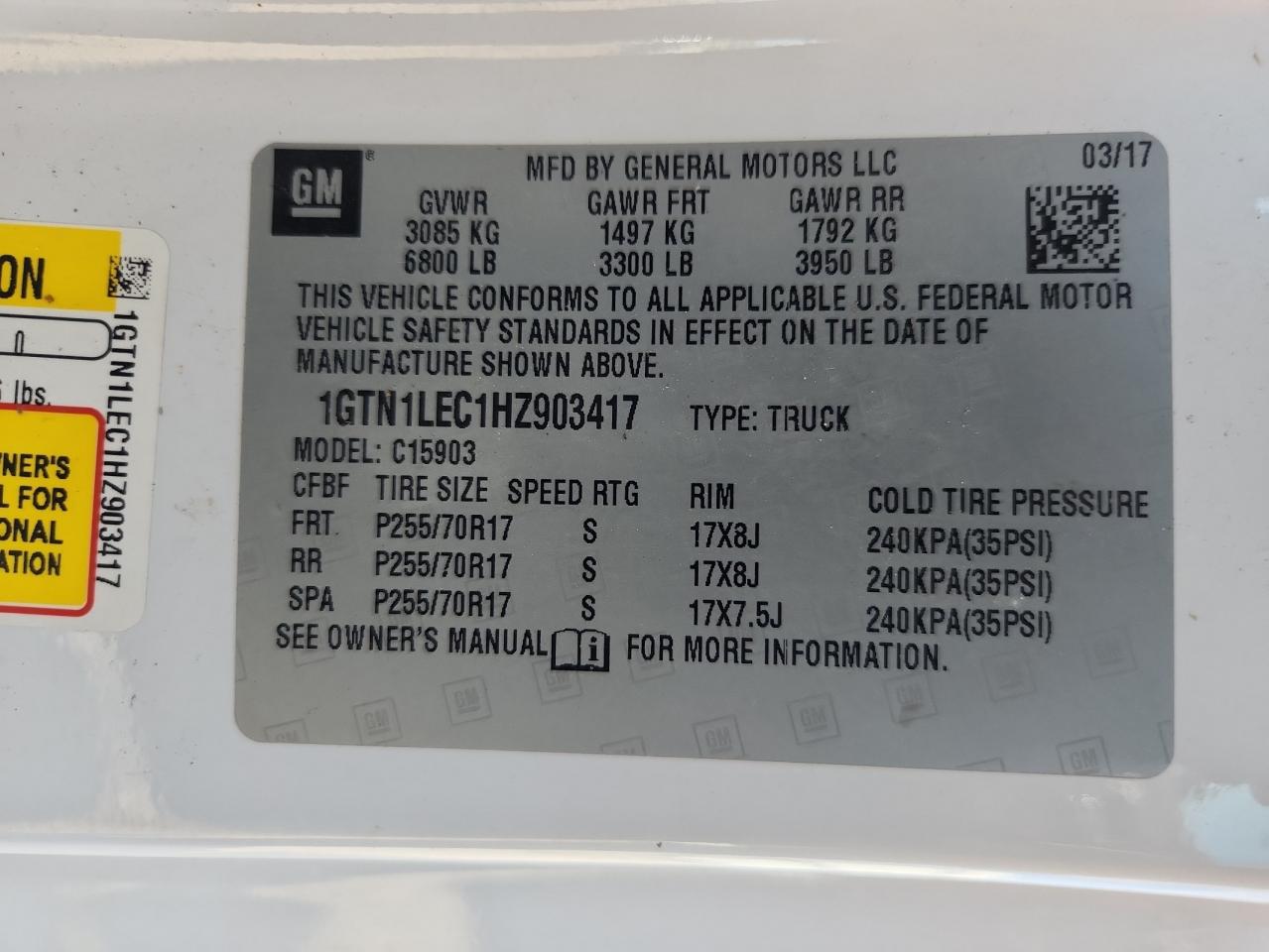 2017 GMC Sierra C1500 VIN: 1GTN1LEC1HZ903417 Lot: 82184065