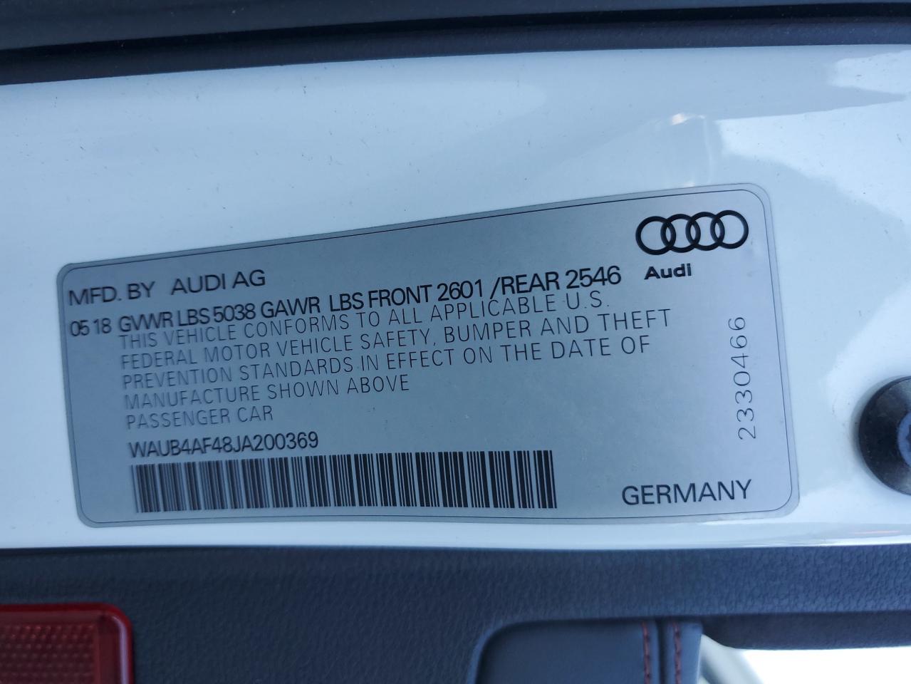 2018 Audi S4 Premium Plus VIN: WAUB4AF48JA200369 Lot: 82423435