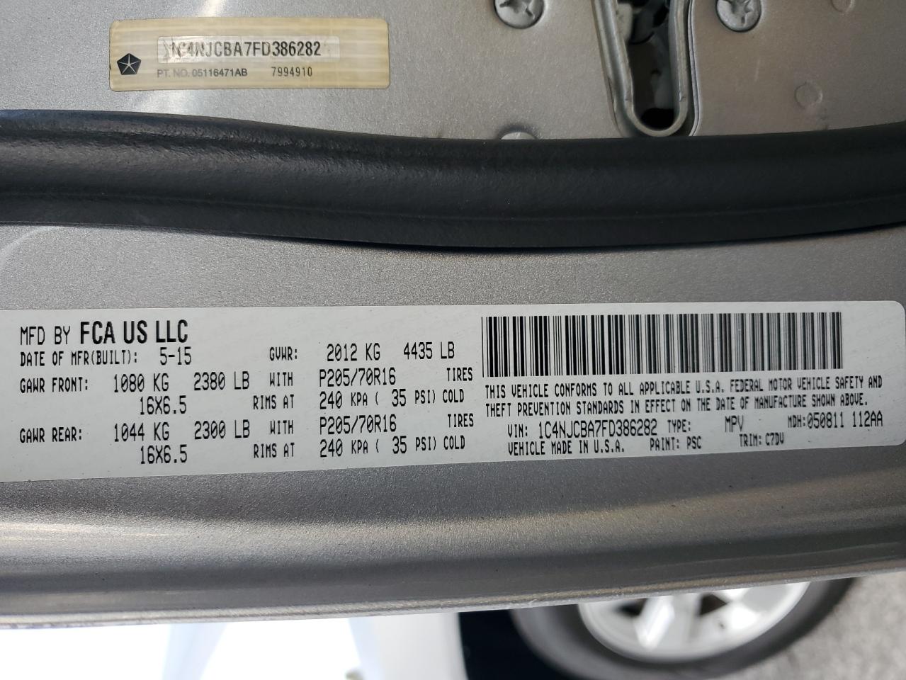 2015 Jeep Compass Sport VIN: 1C4NJCBA7FD386282 Lot: 86093825