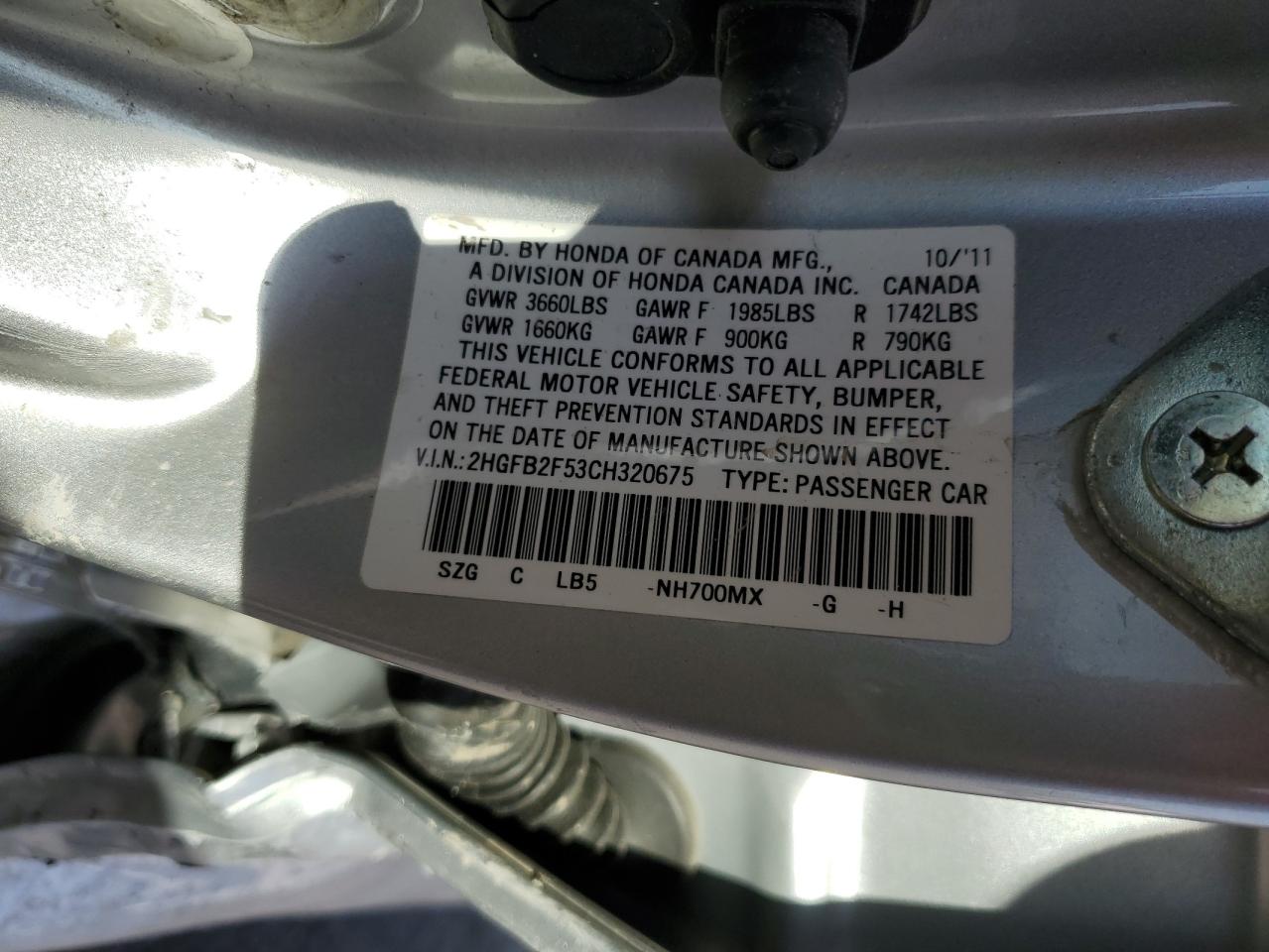 2012 Honda Civic Lx VIN: 2HGFB2F53CH320675 Lot: 81965495