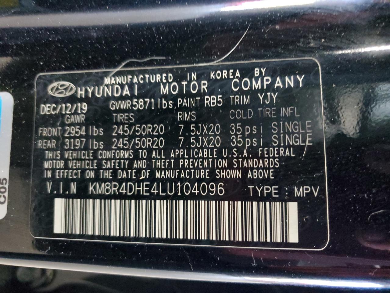 2020 Hyundai Palisade Sel VIN: KM8R4DHE4LU104096 Lot: 87065345