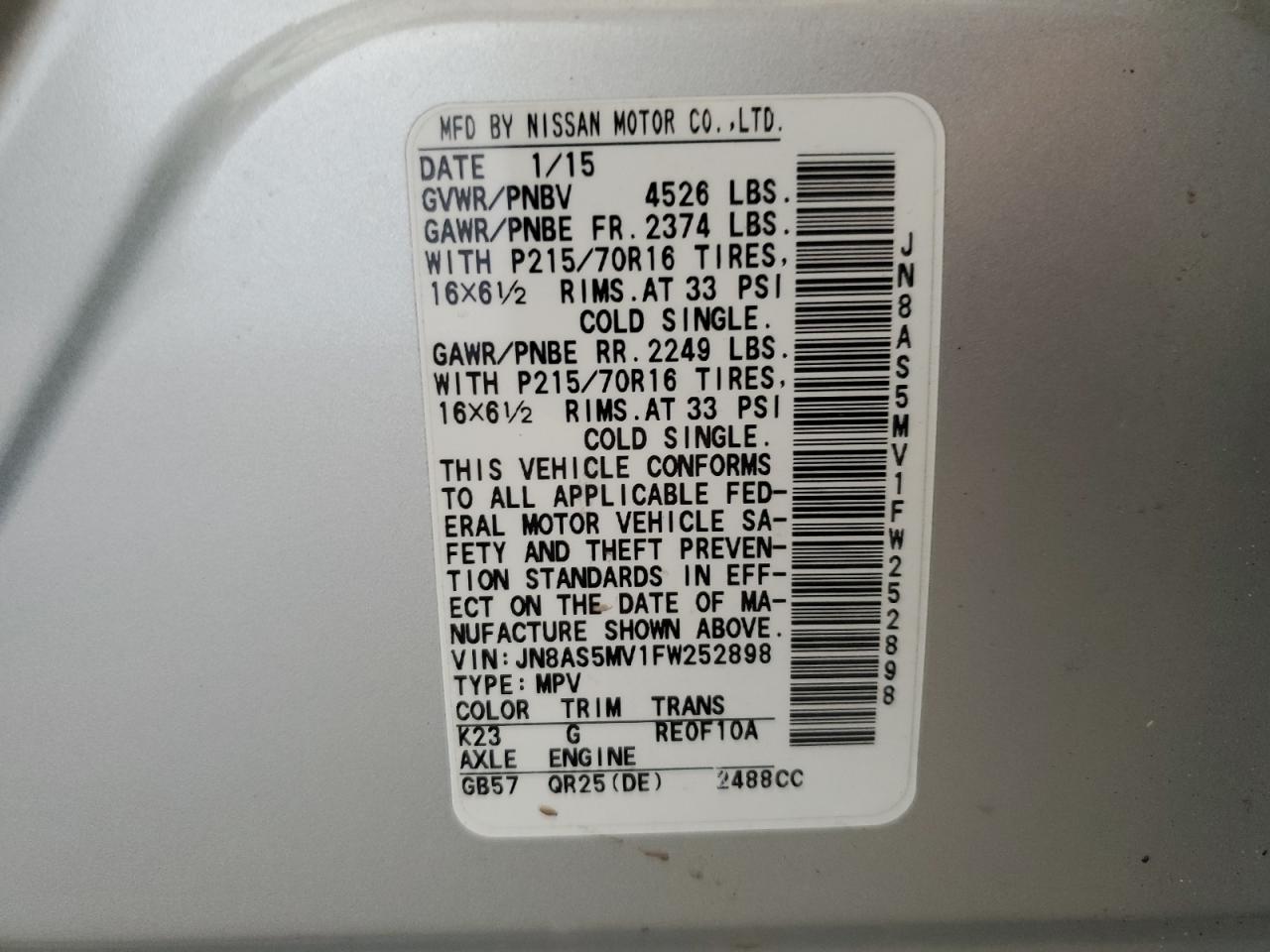 2015 Nissan Rogue Select S VIN: JN8AS5MV1FW252898 Lot: 84968615