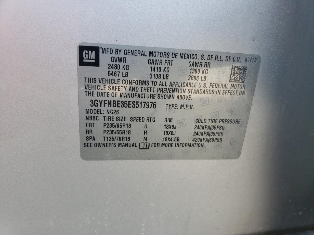 2014 Cadillac Srx Luxury Collection VIN: 3GYFNBE35ES517976 Lot: 84408315