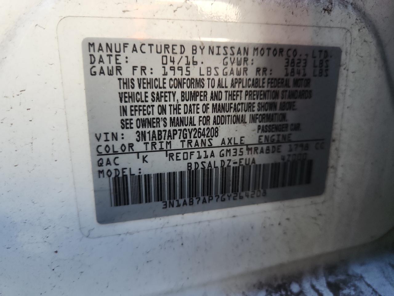 2016 Nissan Sentra S VIN: 3N1AB7AP7GY264208 Lot: 85173025