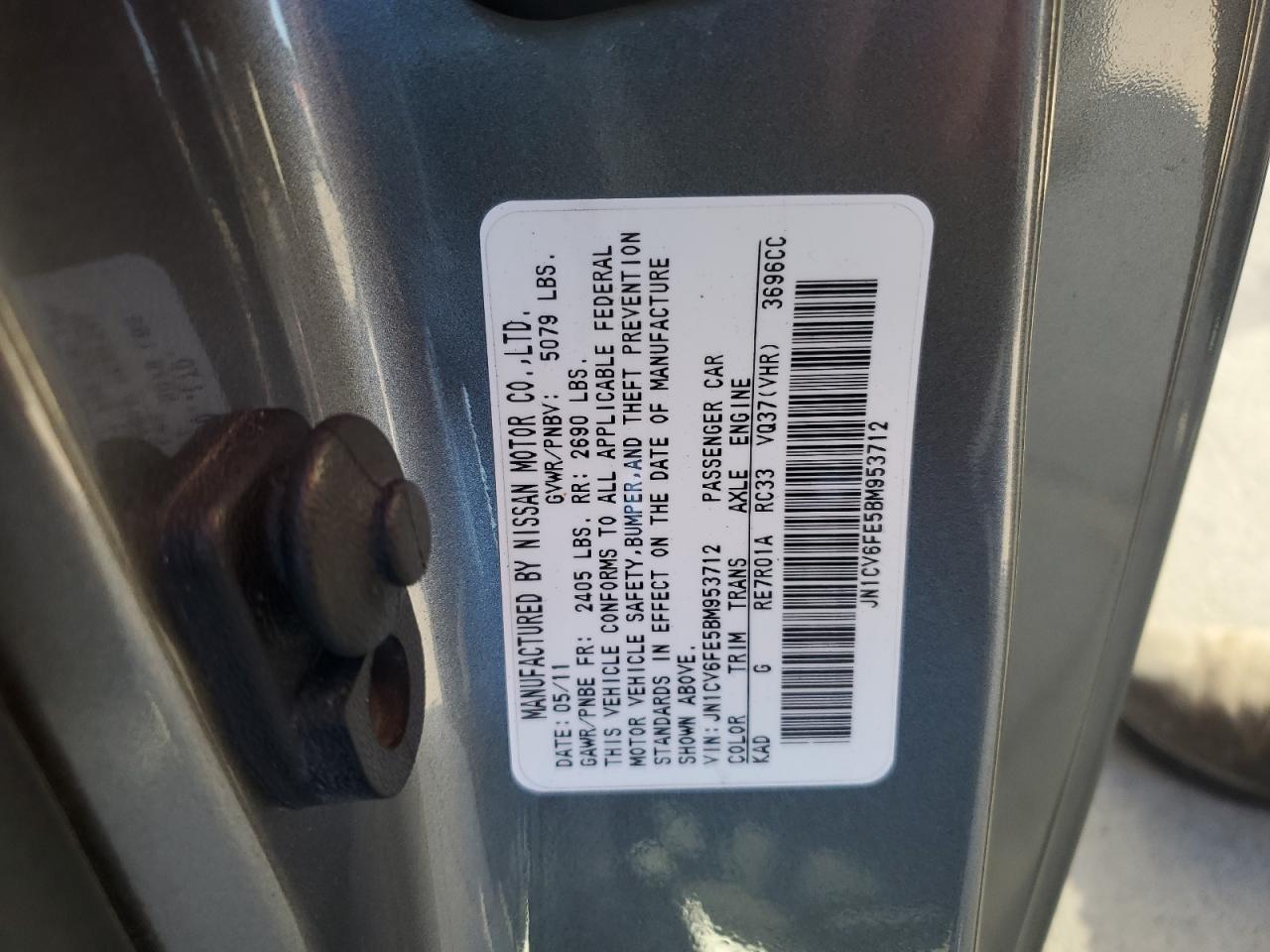 2011 Infiniti G37 Base VIN: JN1CV6FE5BM953712 Lot: 87022805