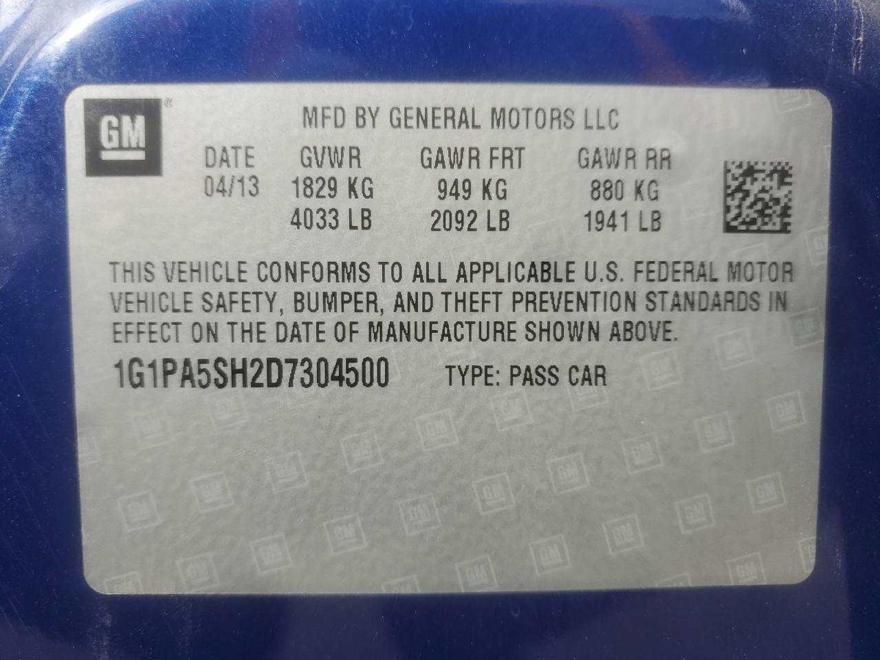 2013 Chevrolet Cruze Ls VIN: 1G1PA5SH2D7304500 Lot: 82421165