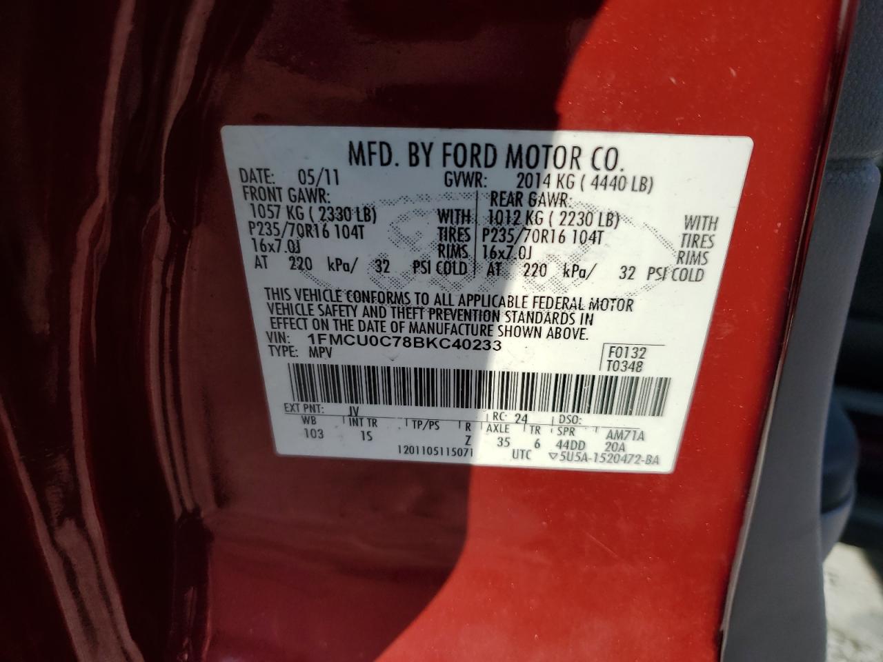 2011 Ford Escape Xls VIN: 1FMCU0C78BKC40233 Lot: 85673335