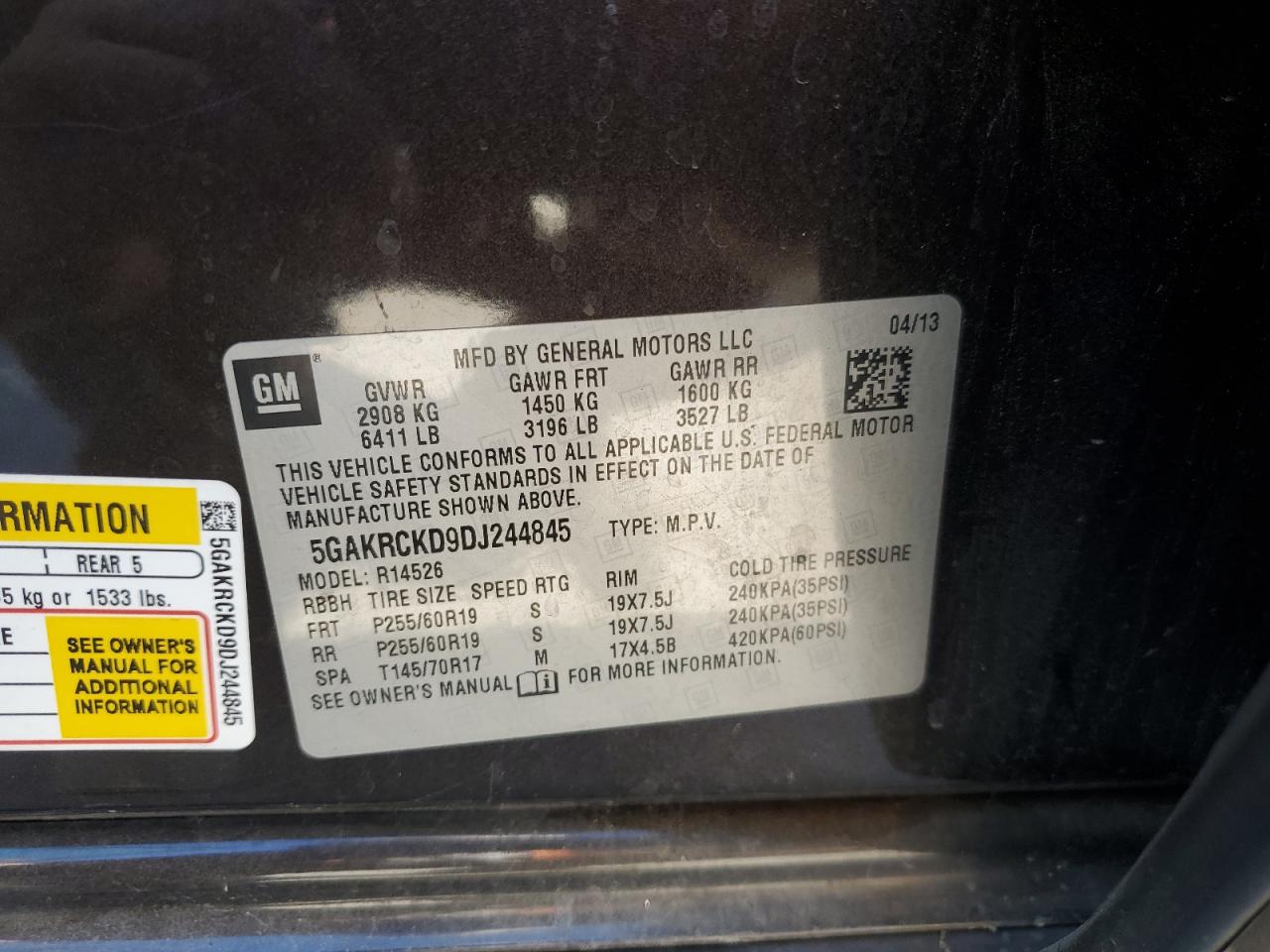 2013 Buick Enclave VIN: 5GAKRCKD9DJ244845 Lot: 82515305