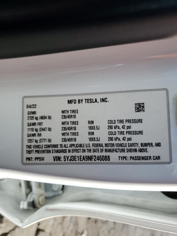 2022 Tesla Model 3 VIN: 5YJ3E1EA9NF246088 Lot: 90370895